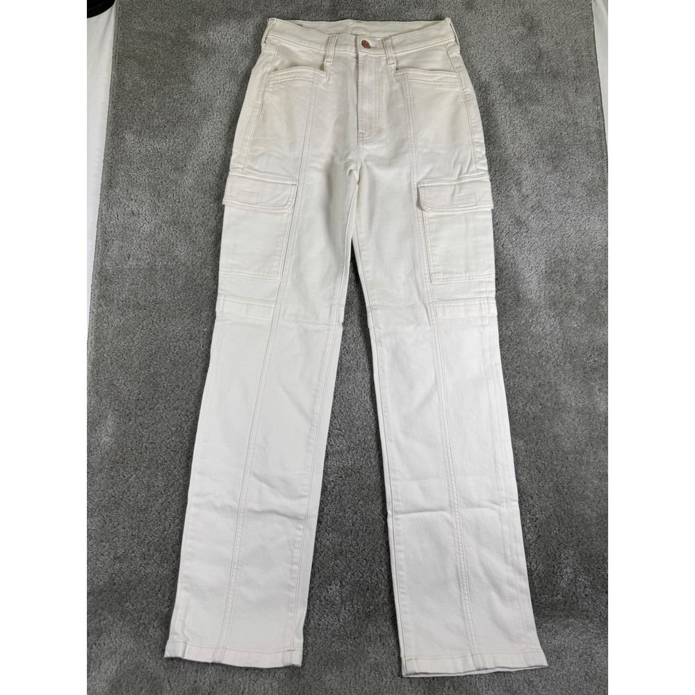 Gap High Rise Cargo Straight Leg Jeans Off White Cream Utility Pants 26 2 Long